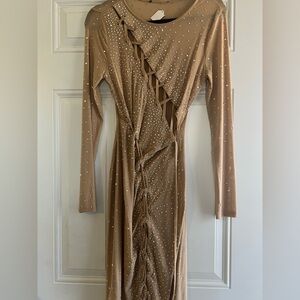 Elegant Nude Sheer Long Sleeve Dress